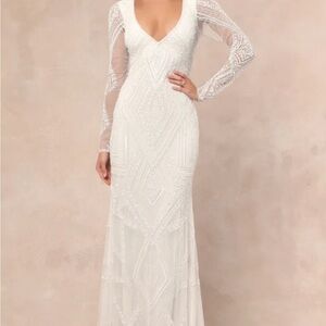 Deedra White Sequin Beaded Backless Maxi Dress